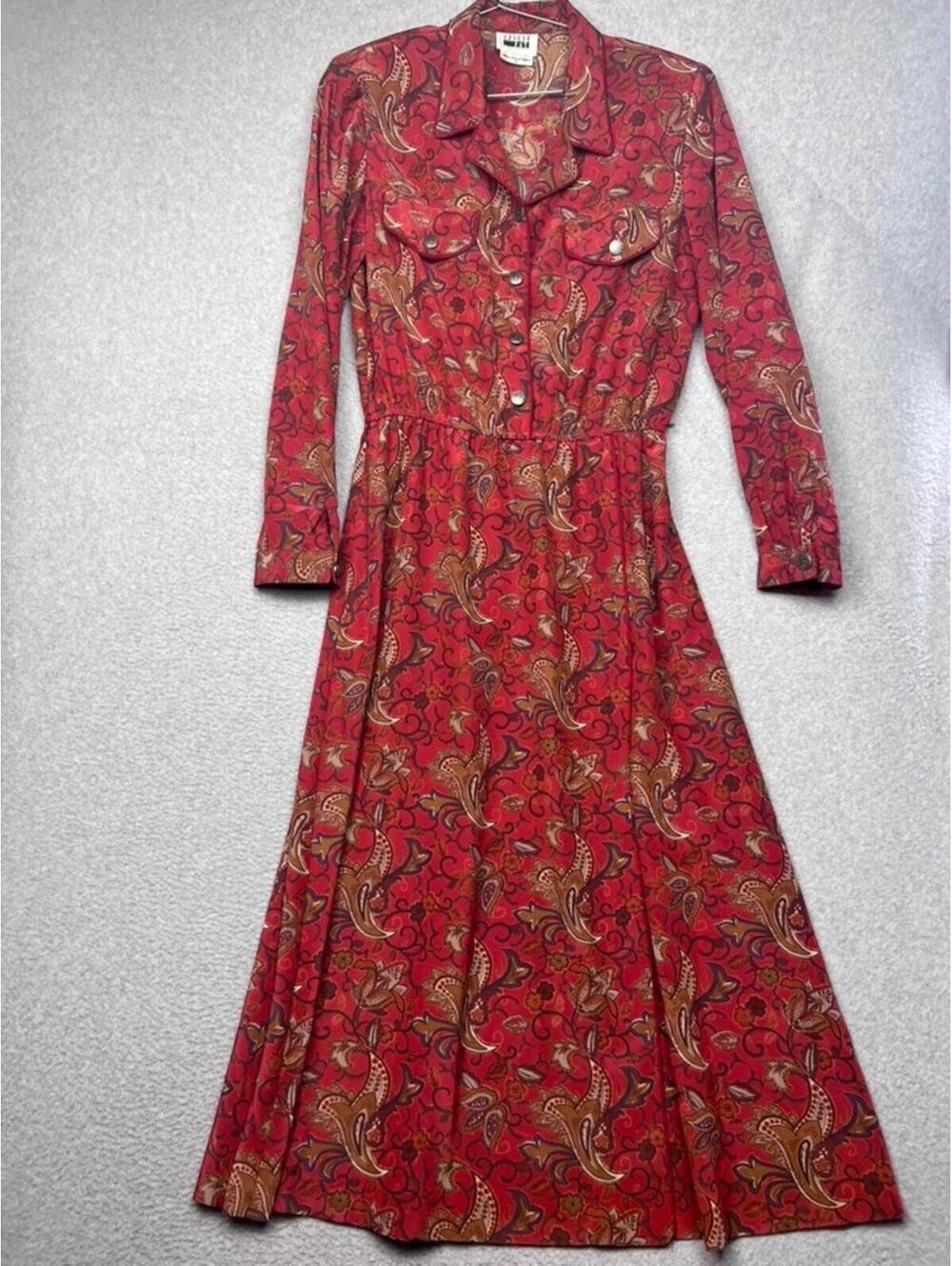 Vintage Leslie Fay Dress Womens 8 Petite Paisley Smocked Boho Modest Navy Blue